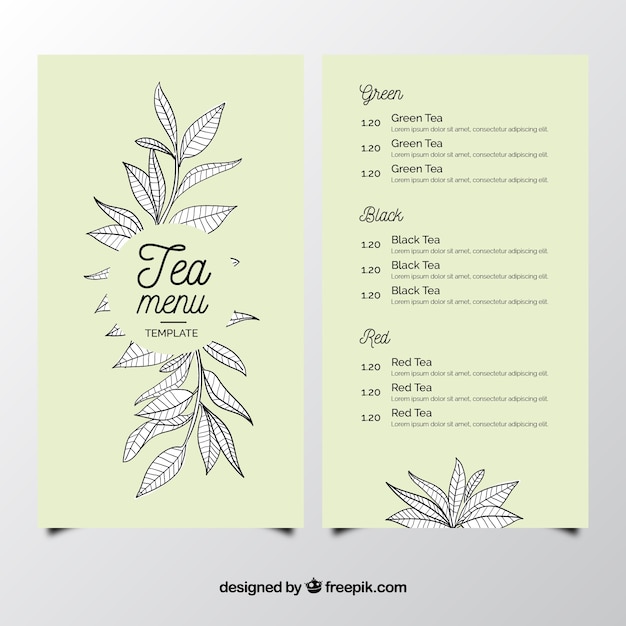 Plantilla de menú de té para tetería