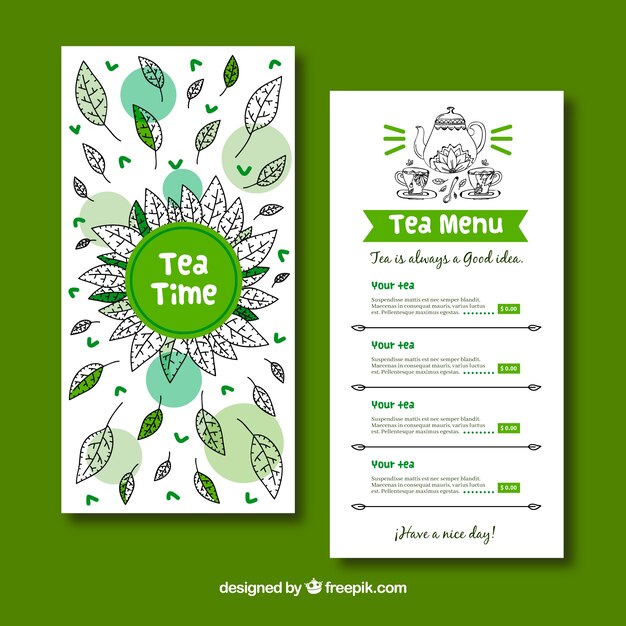 Plantilla de menú de tés dibujado a mano