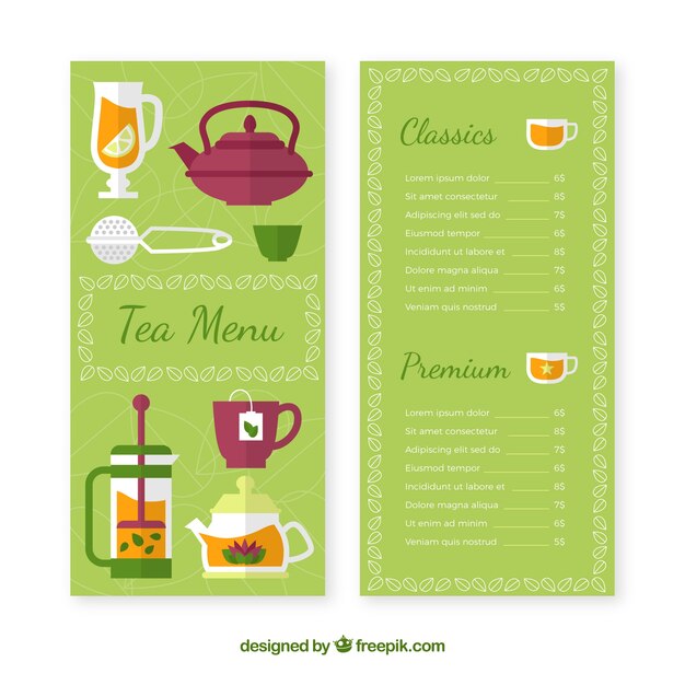 Plantilla de menú de tés con diseño plano