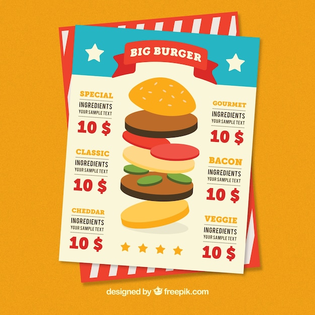 Vector gratuito plantilla de menú con variedad de hamburguesas
