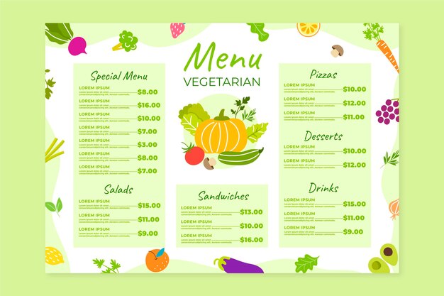 Plantilla de menú vegetariano dibujado a mano
