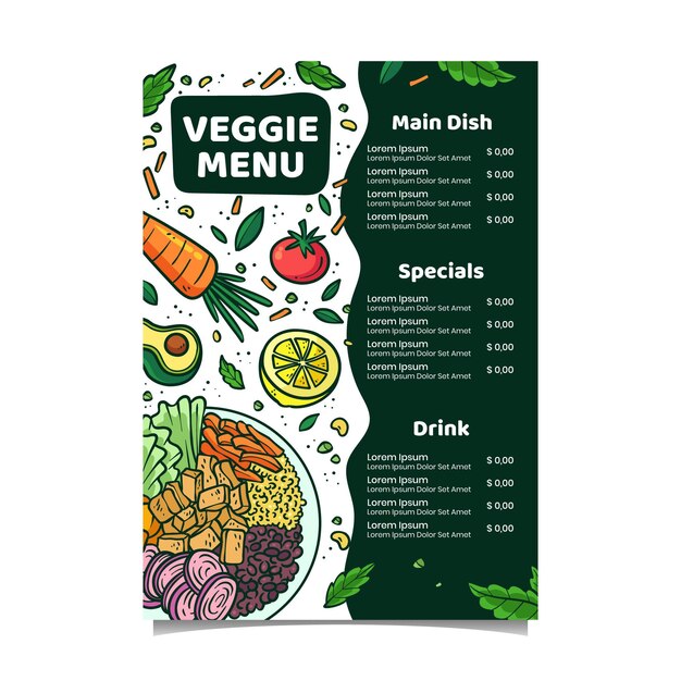 Plantilla de menú vegetariano dibujado a mano