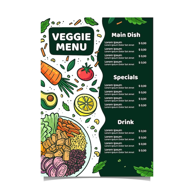 Plantilla de menú vegetariano dibujado a mano
