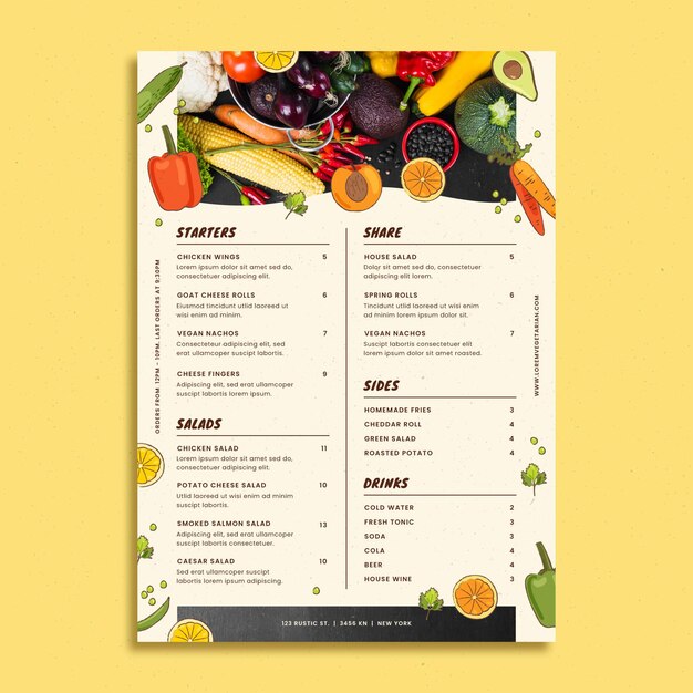 Plantilla de menú vegetariano dibujado a mano