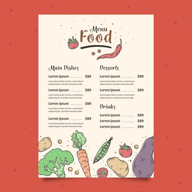 Plantilla de menú de verduras dibujadas a mano