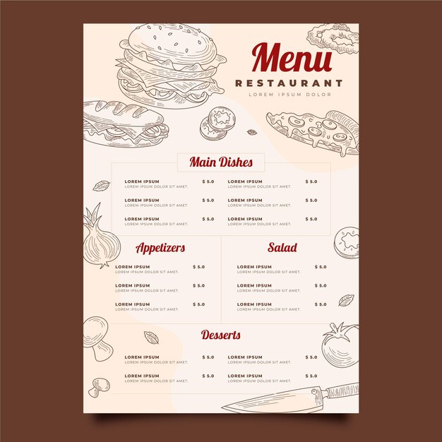 Plantilla de menú vertical de restaurante rústico dibujado a mano grabado