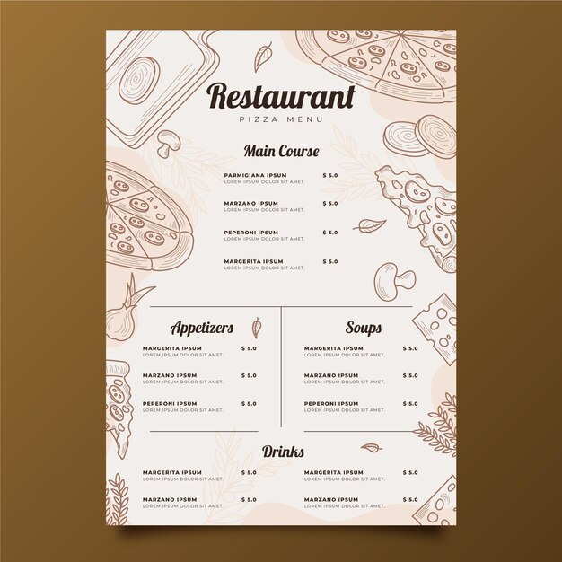 Plantilla de menú vertical de restaurante rústico dibujado a mano grabado