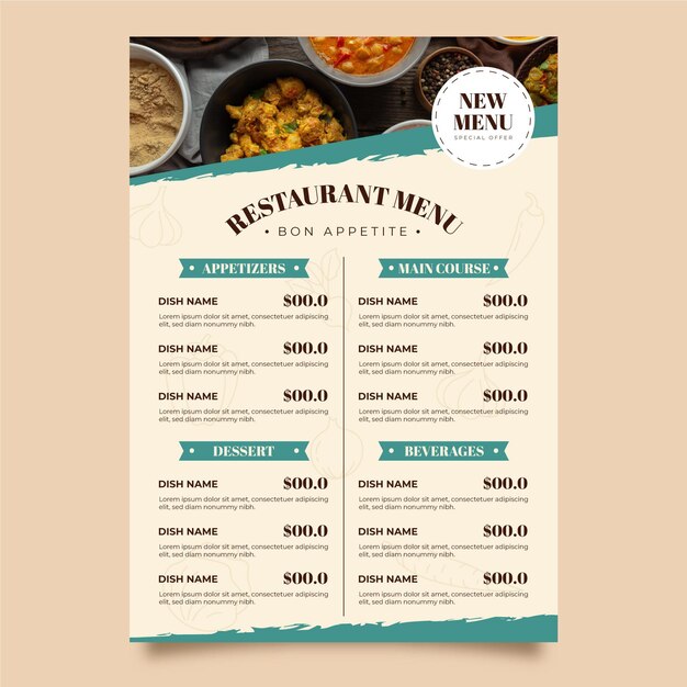 Plantilla de menú vertical de restaurante rústico plano orgánico con foto