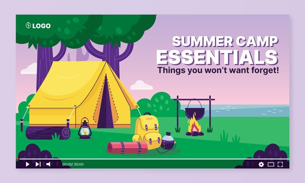 Plantilla de miniatura de youtube de campamento de verano dibujada a mano
