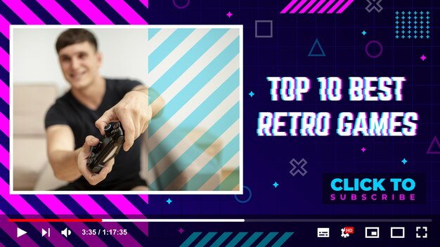 Plantilla de miniatura de youtube de jugador retro plano lineal