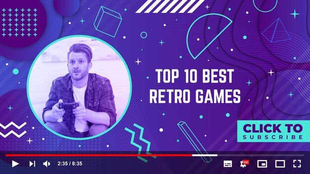 Plantilla de miniatura de youtube de jugador retro plano lineal