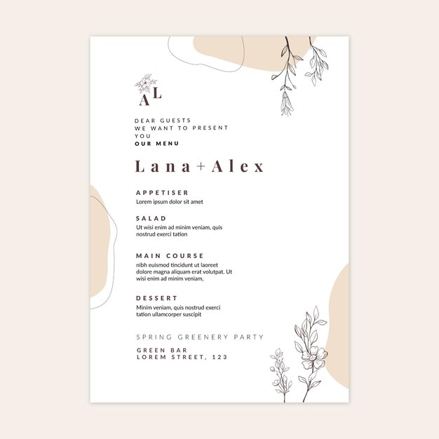 Plantilla mínima de menú de boda