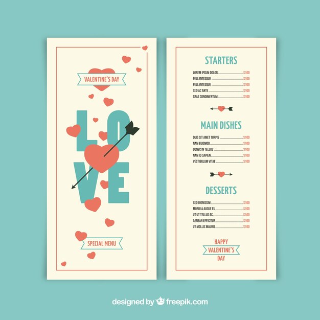 Plantilla moderna blanca de menú de san valentin