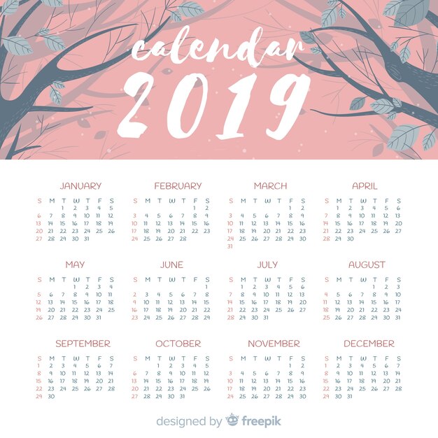 Plantilla moderna de calendario de 2019 dibujado a mano