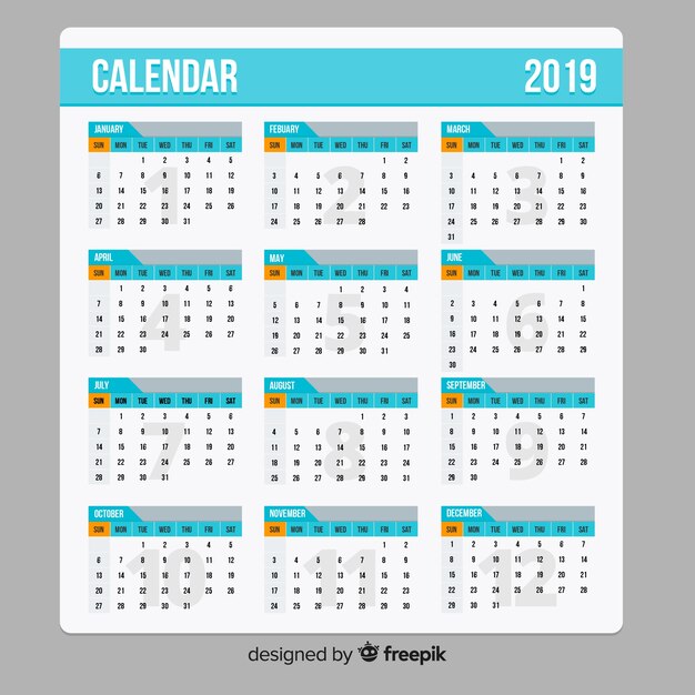 Plantilla moderna de calendario de 2019 con diseño plano