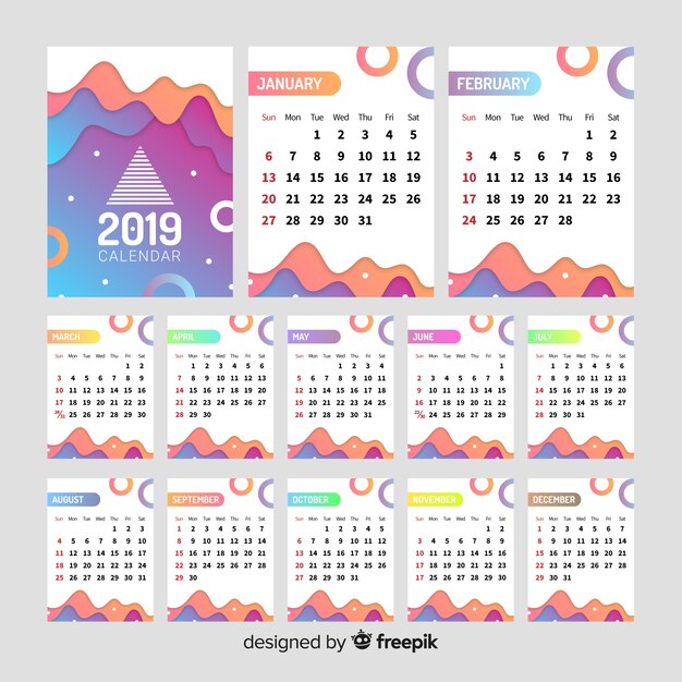 Plantilla moderna de calendario de 2019 con formas abstractas