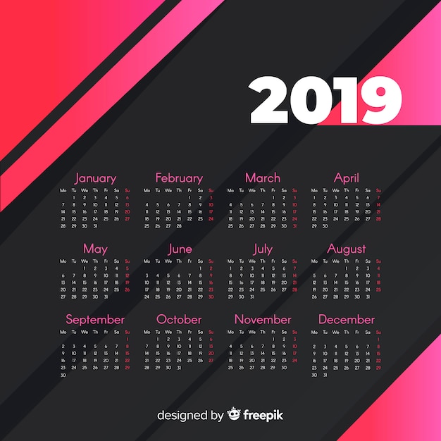 Vector gratuito plantilla moderna de calendario de 2019