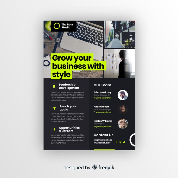 Vector gratuito plantilla moderna de folleto de negocios con diseño plano