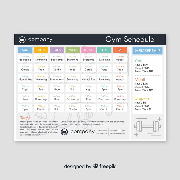 Vector gratuito plantilla moderna de horario de gimnasio con diseño plano