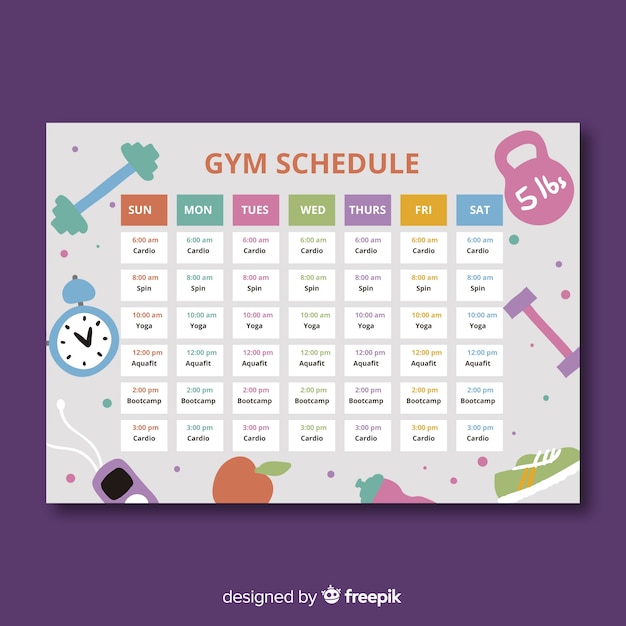 Plantilla moderna de horario de gimnasio con diseño plano