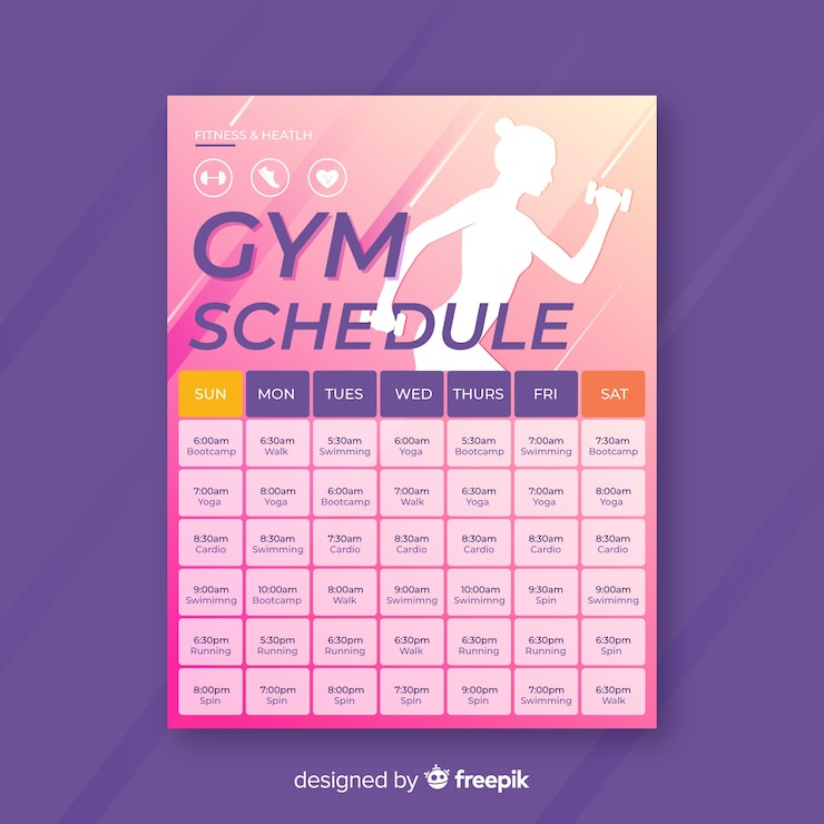Vector gratuito plantilla moderna de horario de gimnasio con diseño plano