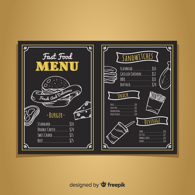 Plantilla moderna de menú de restaurante con estilo de pizarra