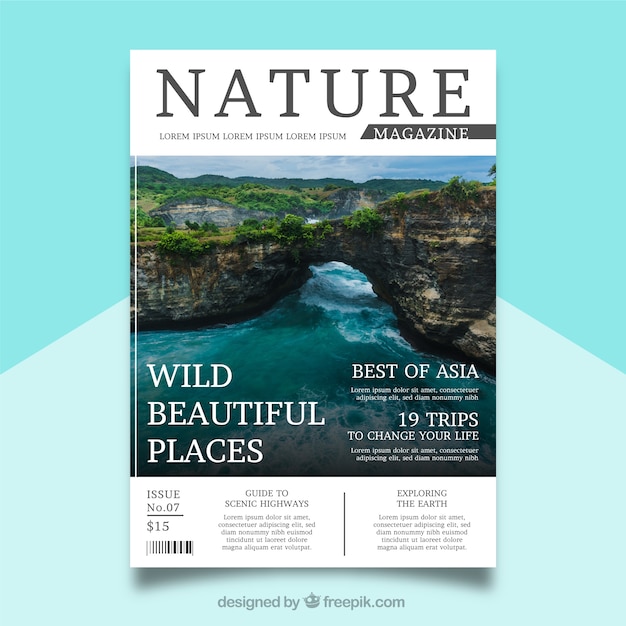 Vector gratuito plantilla moderna de portada para revista de naturaleza con foto