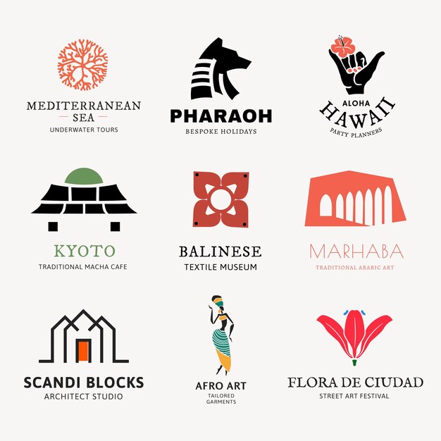 Plantilla de negocio de logotipo de moda y arte, conjunto de vectores de diseño de marca de estilo de vida