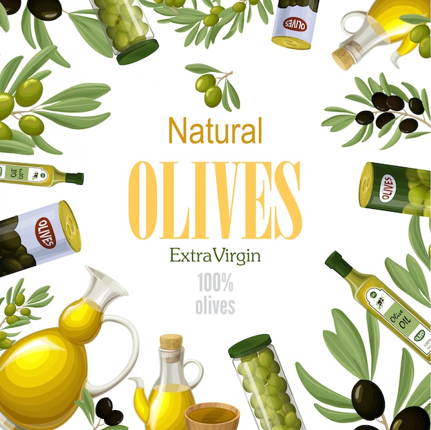 Plantilla de oliva natural premium de dibujos animados con ramas de olivo verde y negro latas tazones ollas frascos y botellas de aceite saludable