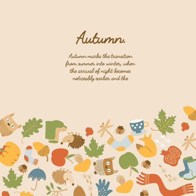 Plantilla de otoño abstracto colorido con hojas de texto, animales, manzana, calabaza, ropa, setas, taza y paraguas