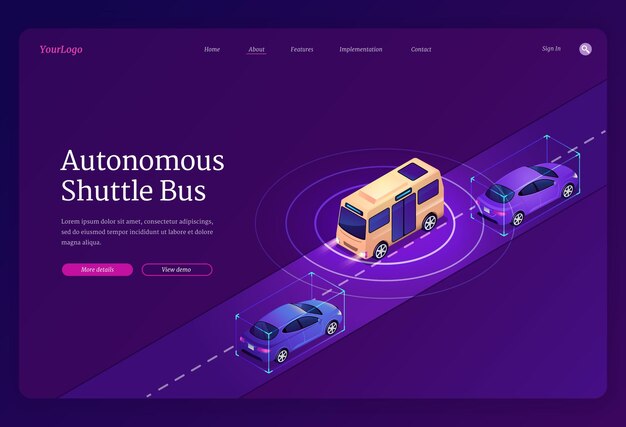 Plantilla de página de aterrizaje de autobús lanzadera autónoma. Concepto de futuro transporte urbano inteligente, vehículos eléctricos sin conductor.