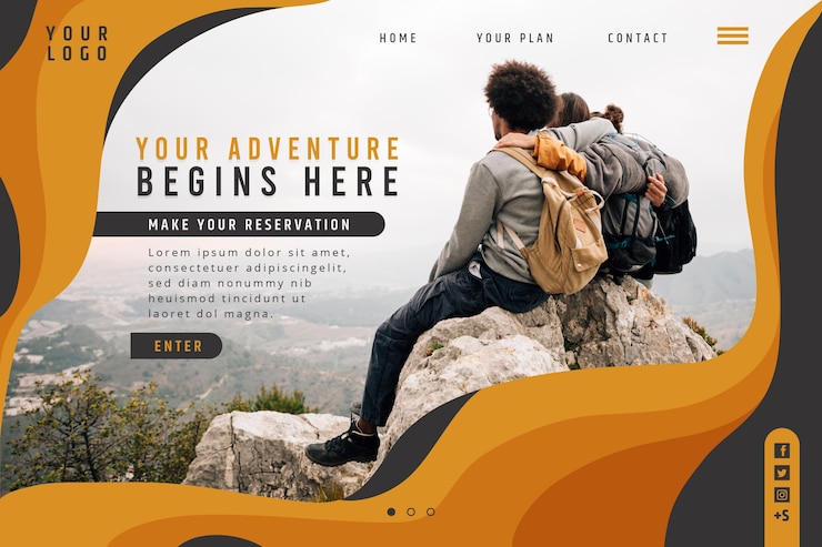 Vector gratuito plantilla de página de aterrizaje de aventura con foto