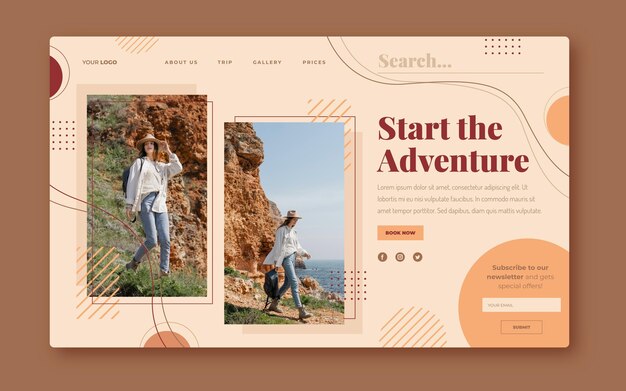 Plantilla de página de aterrizaje de aventura plana con foto