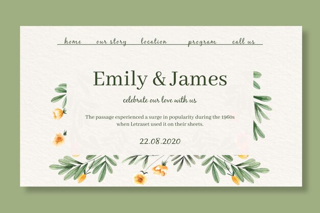 Plantilla de página de aterrizaje para bodas con flores de acuarela