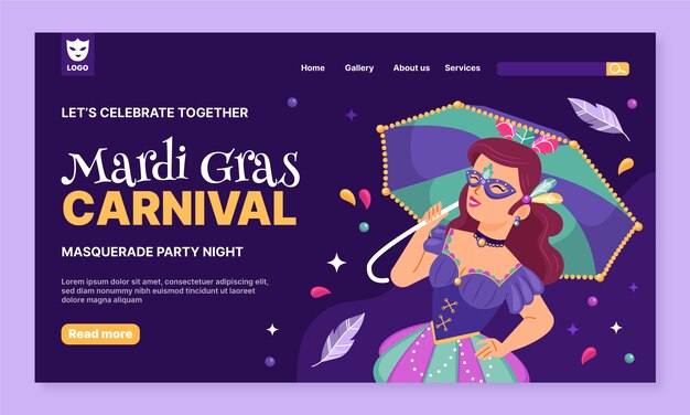 Plantilla de página de aterrizaje para la celebración del carnaval de Mardi Gras