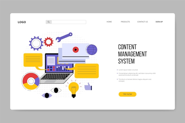 Vector gratuito plantilla de página de aterrizaje cms dibujada a mano plana