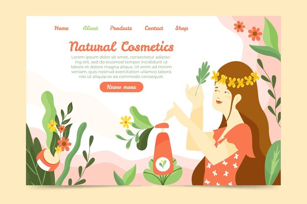 Vector gratuito plantilla de página de aterrizaje de cosméticos de naturaleza