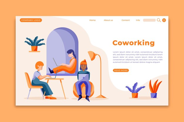 Plantilla de página de aterrizaje de coworking dibujada a mano