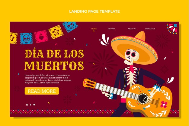 Plantilla de página de aterrizaje de dia de muertos plana dibujada a mano