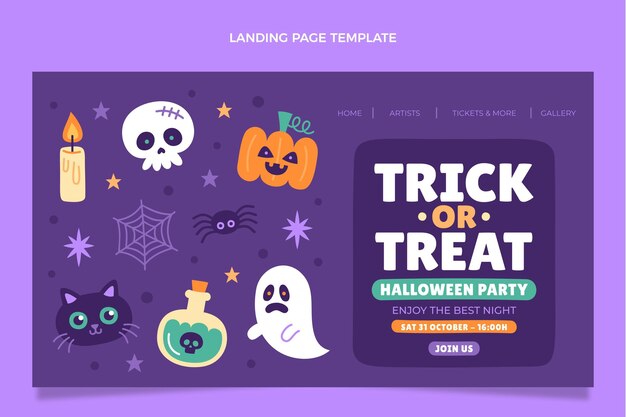 Plantilla de página de aterrizaje de halloween plana dibujada a mano