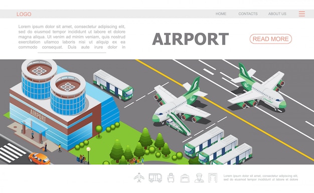 Plantilla de página de aterrizaje isométrica del aeropuerto con la construcción de avión en los pasajeros de autobuses de pista