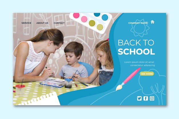 Plantilla de página de aterrizaje plana de regreso a la escuela con foto