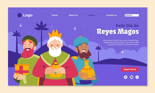 Vector gratuito plantilla de página de aterrizaje plana para reyes magos