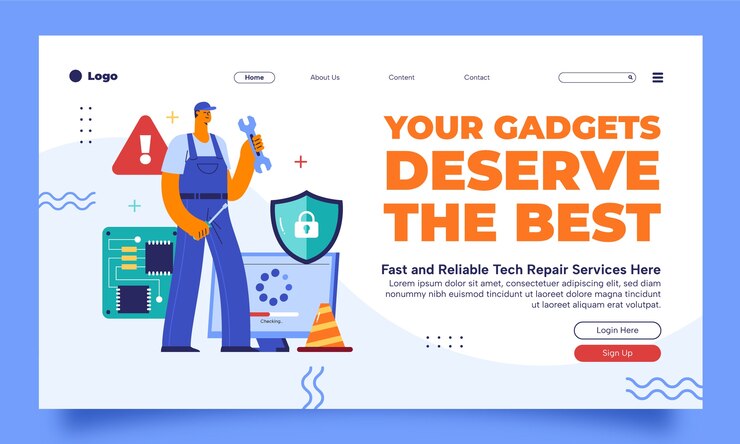 Vector gratuito plantilla de página de aterrizaje de reparación de tecnología de diseño plano