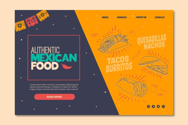 Vector gratuito plantilla de página de aterrizaje para restaurante de comida mexicana