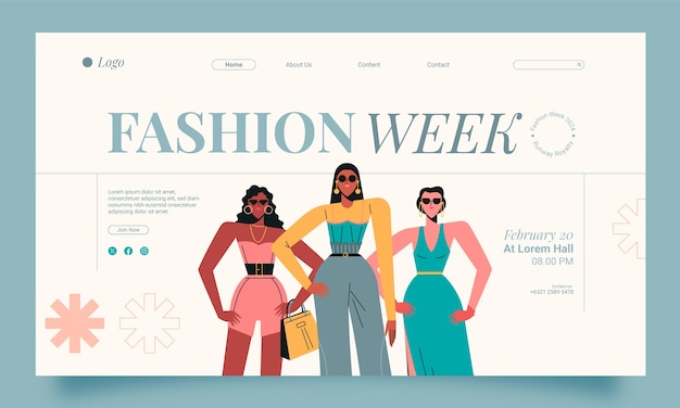 Vector gratuito plantilla de página de aterrizaje de la semana de la moda de diseño plano