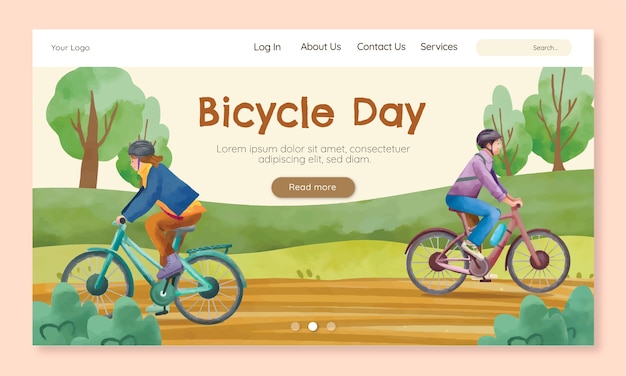 Vector gratuito plantilla de página de destino de acuarela para la celebración del día mundial de la bicicleta