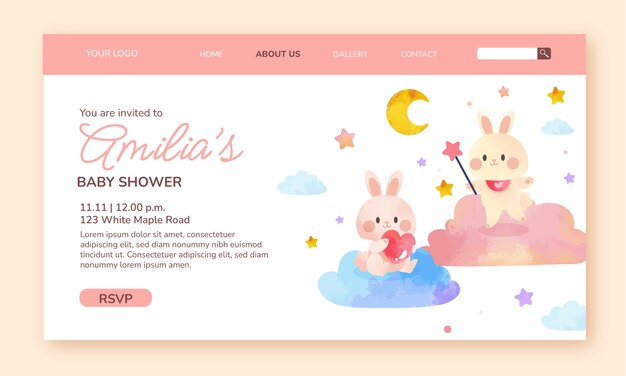 Plantilla de página de destino de baby shower en acuarela