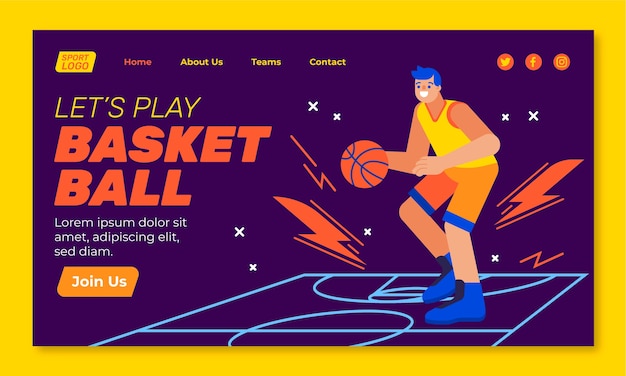 Vector gratuito plantilla de página de destino de baloncesto de diseño plano