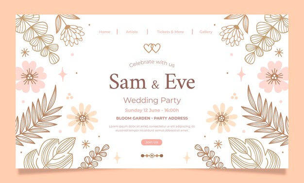 Plantilla de página de destino de boda boho dibujada a mano